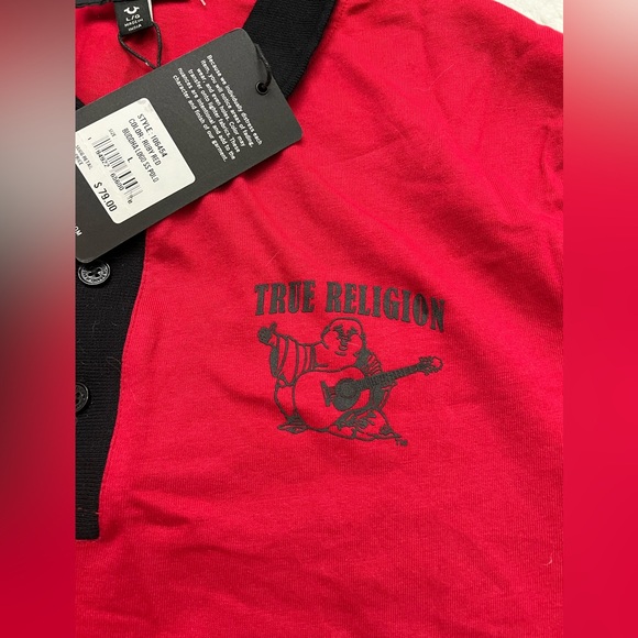 Red Men’s True Religion Buddha Logo Polo size L with Black Collar Detail - Picture 3 of 4